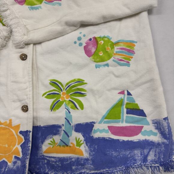 Vtg Fish Tropical Print Denim Jacket Handpainted Camper's Size L Kidcore Whimsy - Picture 2 of 9